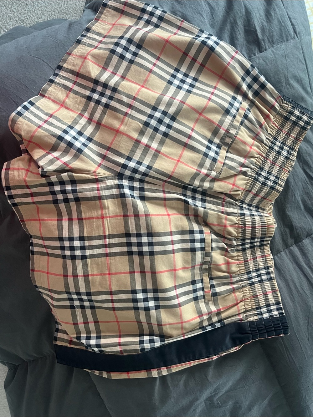 Burberry Beige Plaid Elastic-Waist Circle Shorts with Navy & Red Lines - Picture 2 of 4